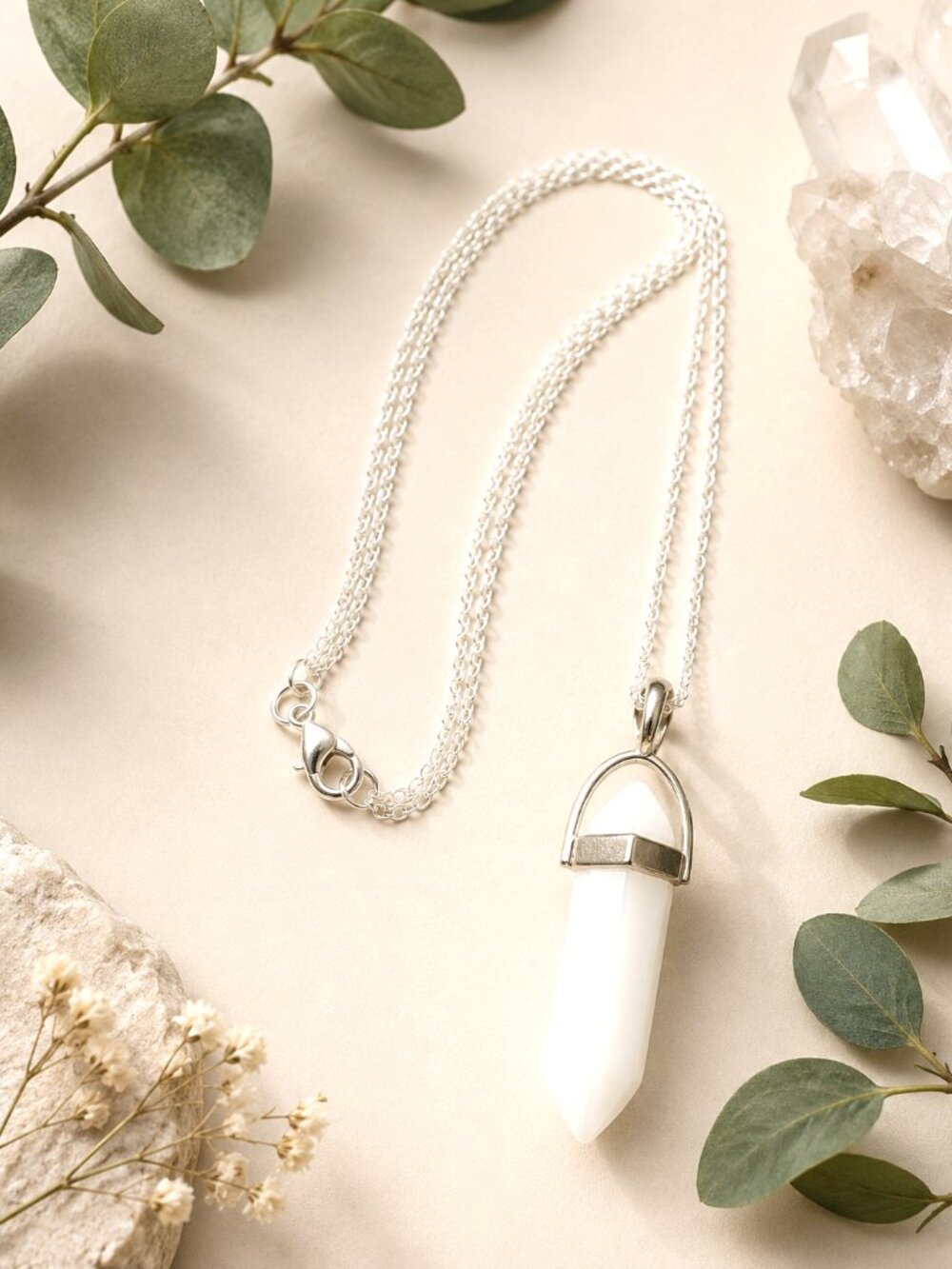 White Quartz Stone Crystal Bullet Point Unisex Pendant Necklace Silver, Elegant